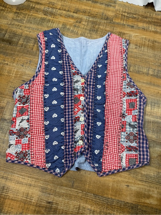 Handmade Jackets & Blazers - Vintage Patchwork Cottage Vest Red Blue Button Front